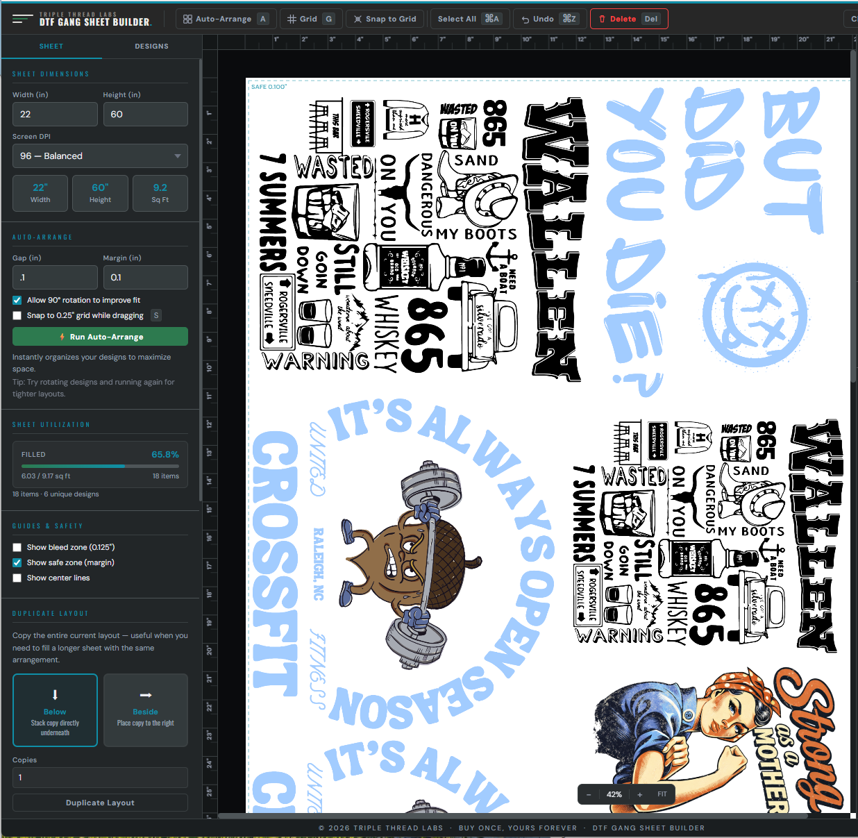 DTF Gang Sheet Builder after Auto-Arrange — designs packed tightly for maximum sheet coverage
