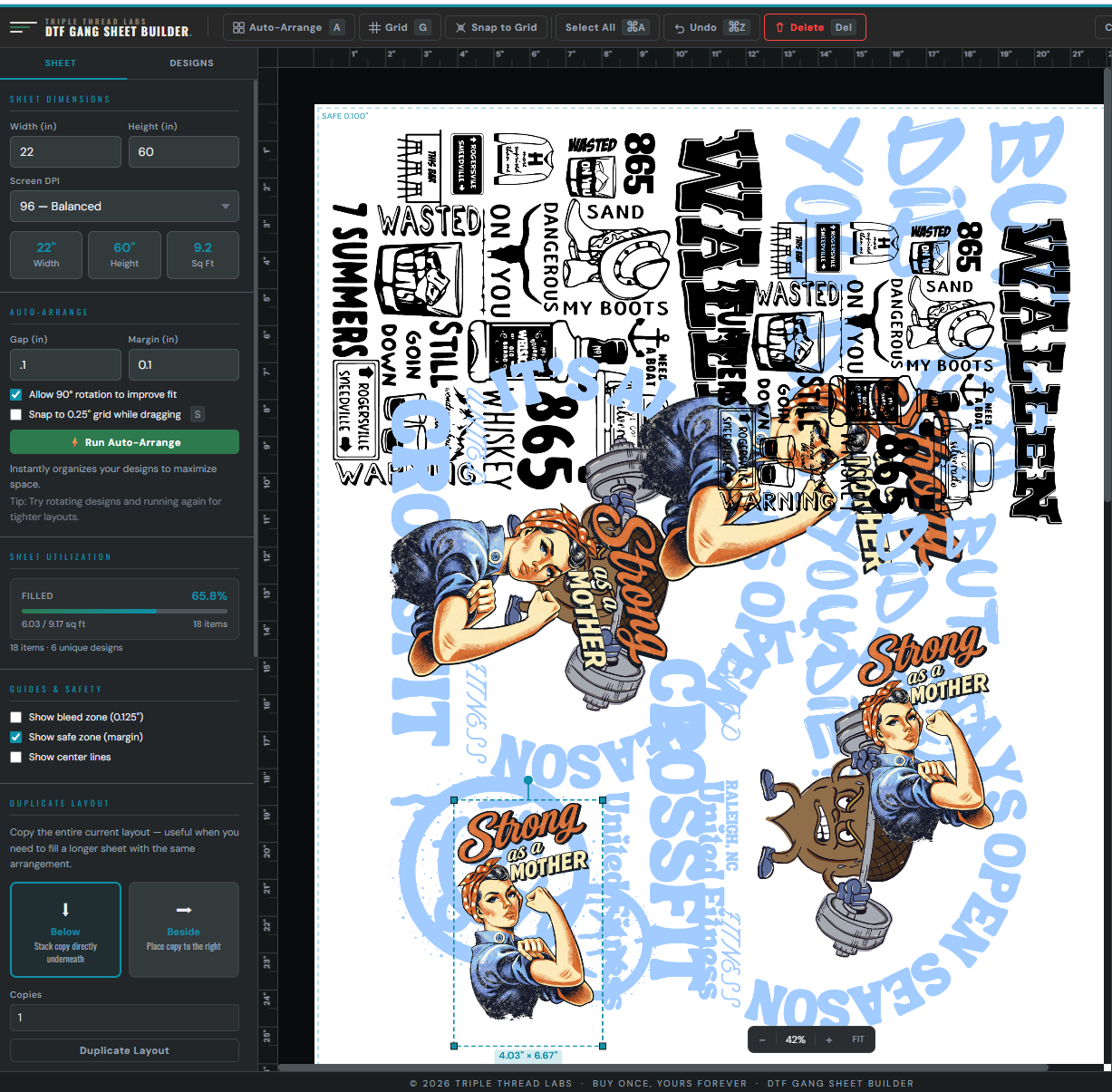 DTF Gang Sheet Builder showing designs on canvas before final arrangement