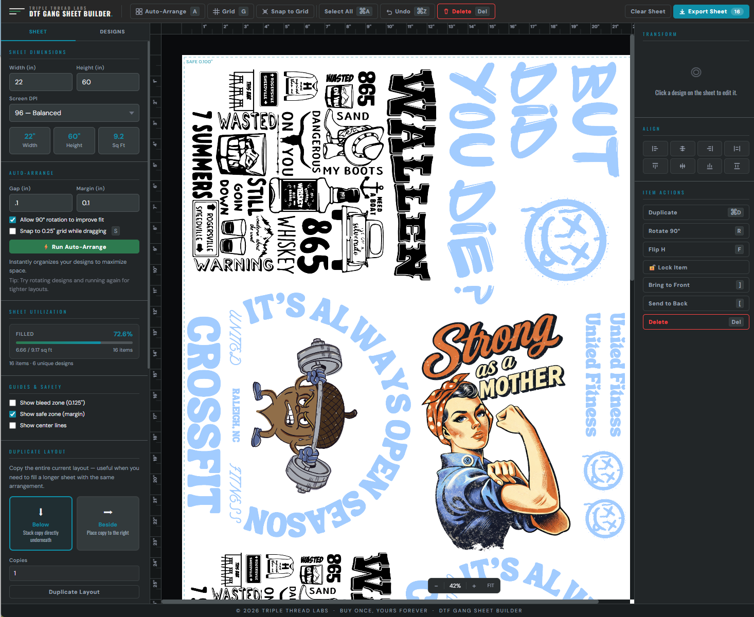DTF Gang Sheet Builder showing full three-column layout with designs on canvas, 72.6% sheet utilization, and Export Sheet button