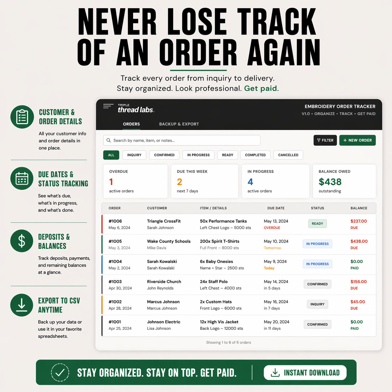 Embroidery Order Tracker showing active orders with due dates, status, and balance owed