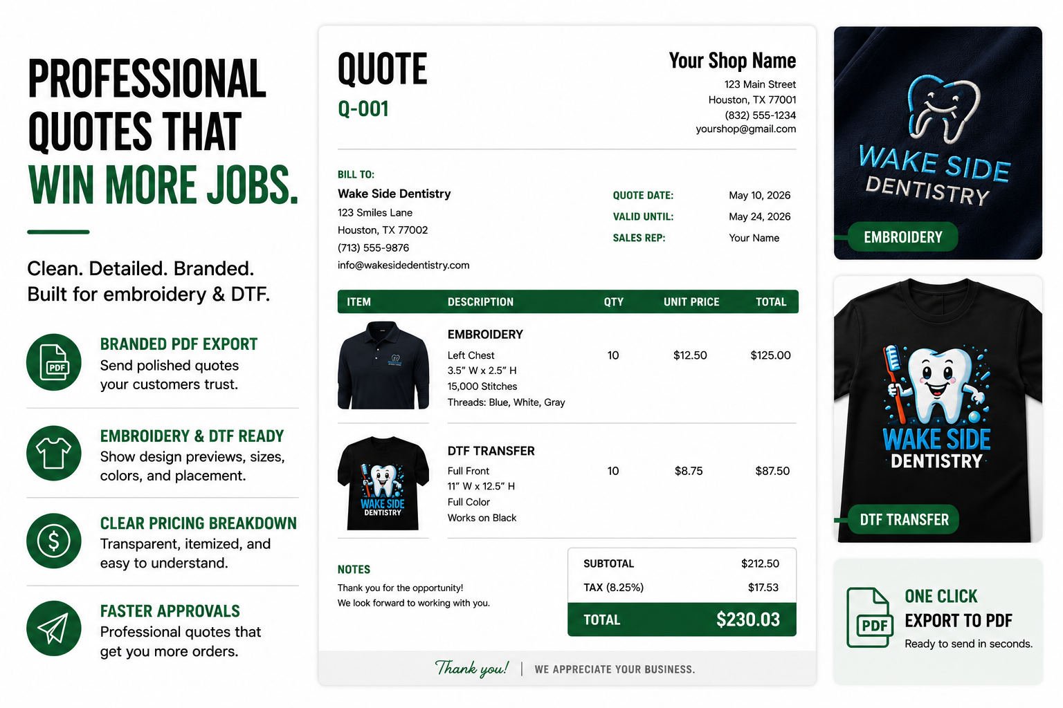 Professional PDF quote from Shop Suite Pro showing Wake Side Dentistry quote with embroidery and DTF line items