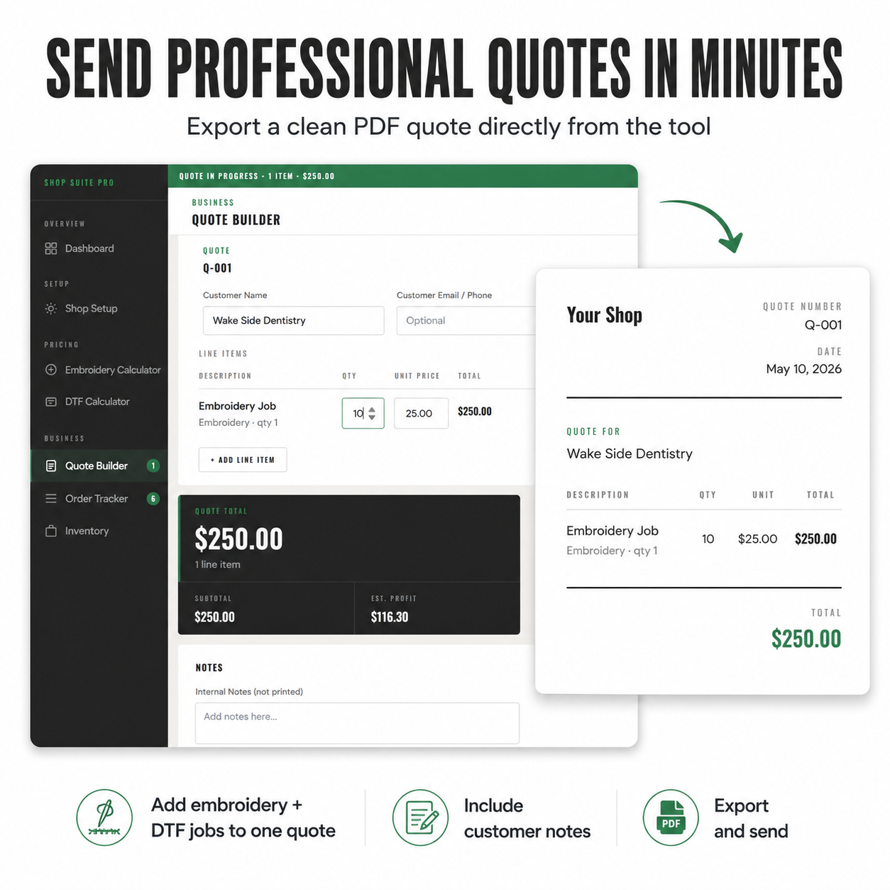 Shop Suite Pro Quote Builder showing $250 quote for Wake Side Dentistry with PDF export preview