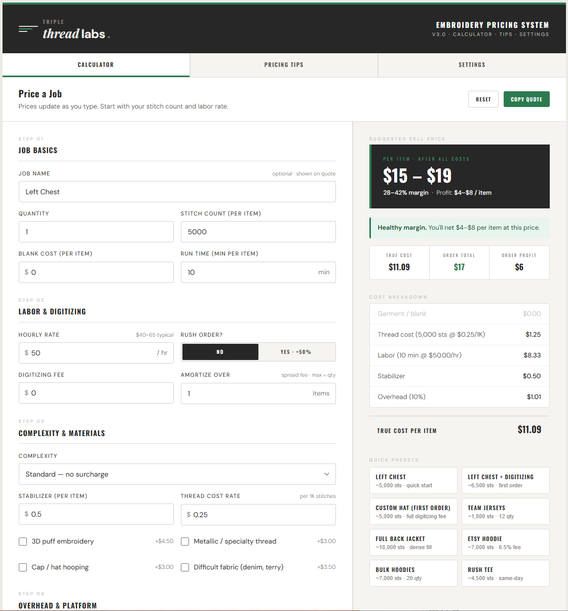 Embroidery Pricing Calculator showing stitch count, labor rate, and cost inputs with a suggested sell price of $15–$19